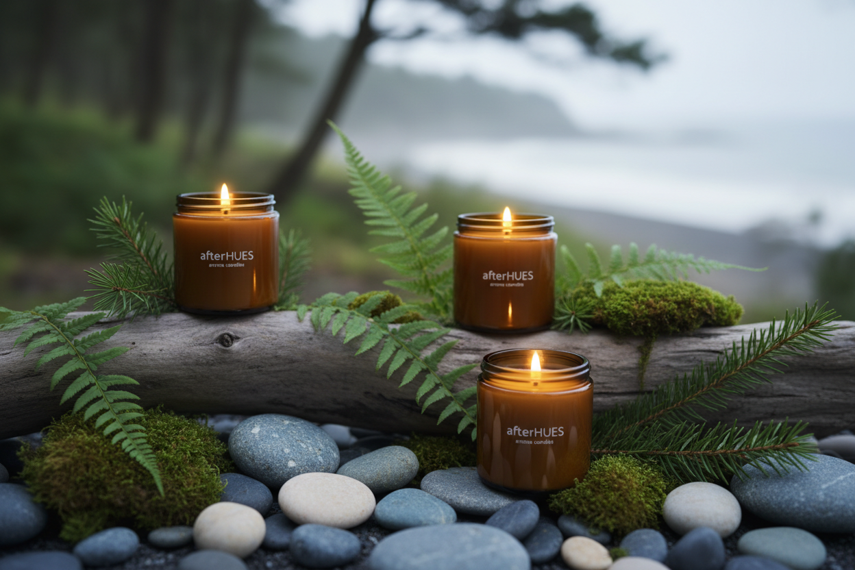 afterHUES aroma amber candle jars with natural touch forest and ocean vibes